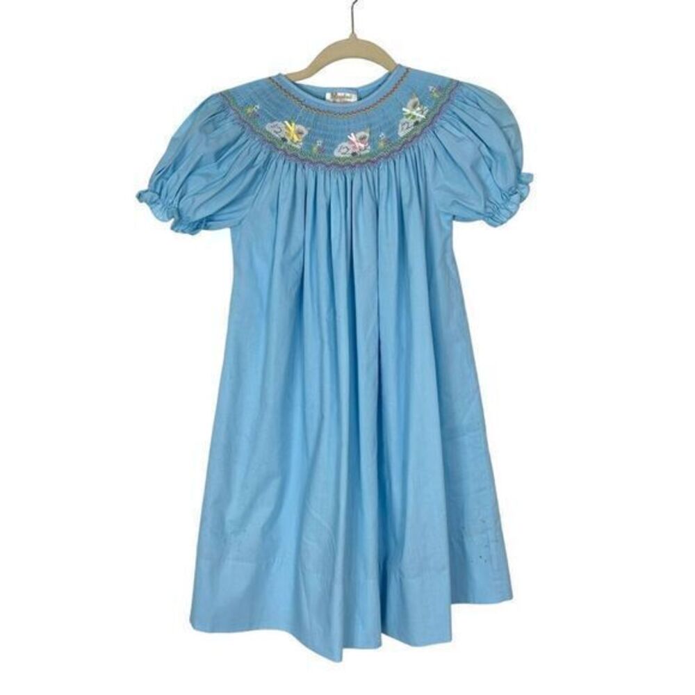 Rosalina Collection Dress Girls 6 yr Blue Smocked Elastic Short Sleeves